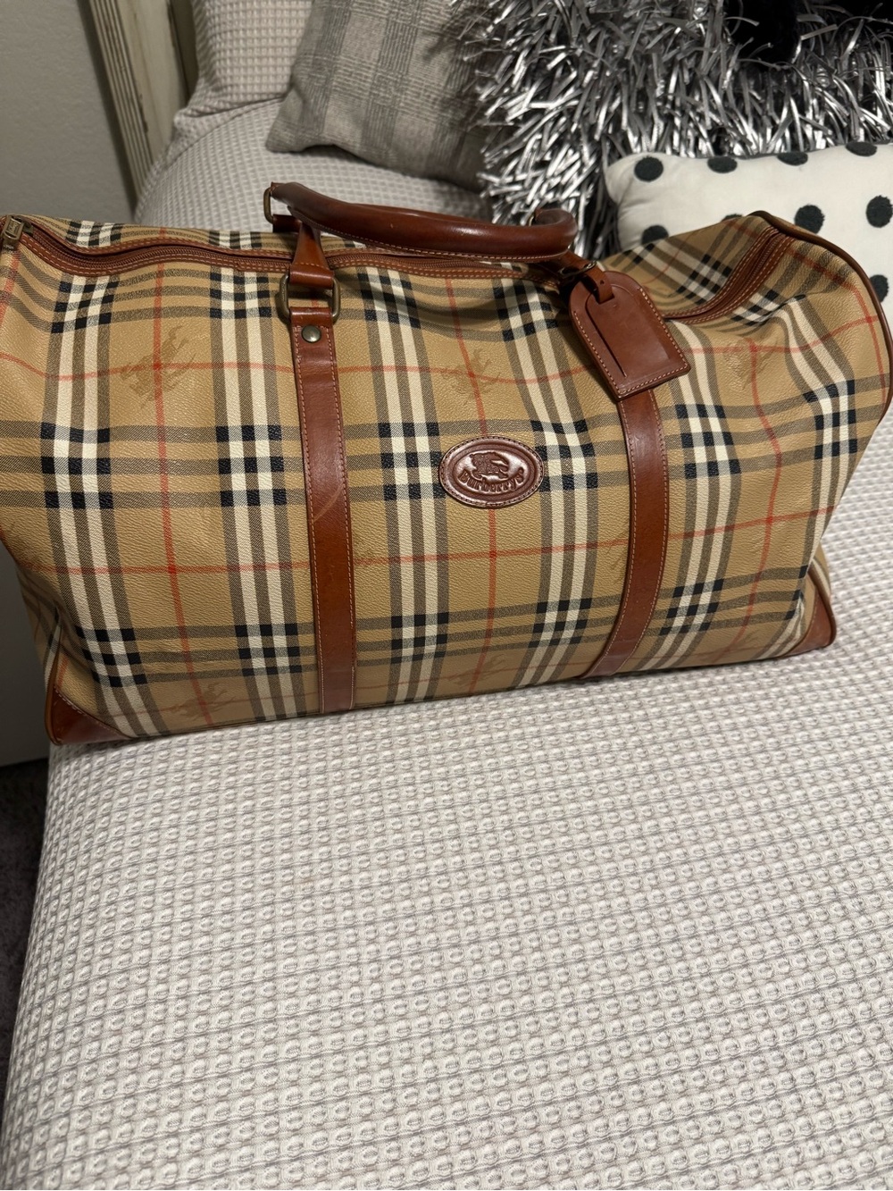 Burberry’s VintagePlaid Travel Duffel Bag with Leather Trim COA Included